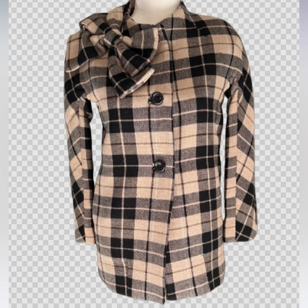 KATE SPADE Tan & Black Plaid Wool Blend Jacket Double Breasted Bow Collar Size M